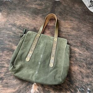Cleo & Wolf Dark Green Suede Tote with Bronze Detail